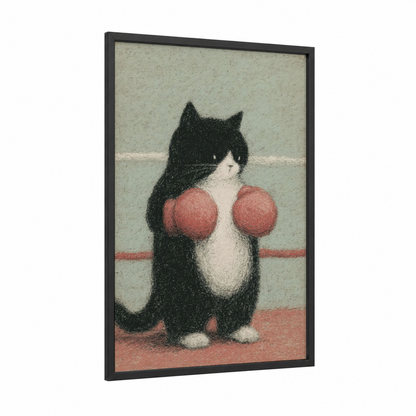 Boxing Cat framed art print — black wood frame — black and white and salmon pink palette
