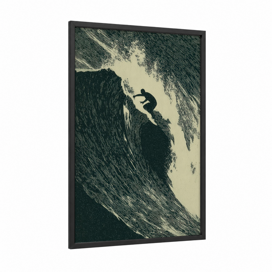 Wave Rider framed surfing print — black wood frame — teal and cream palette