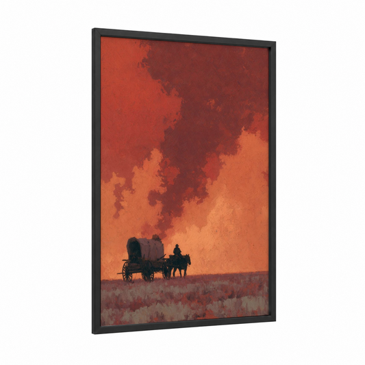 Desert Wagon Silhouette framed art print — black wood frame — red and orange palette