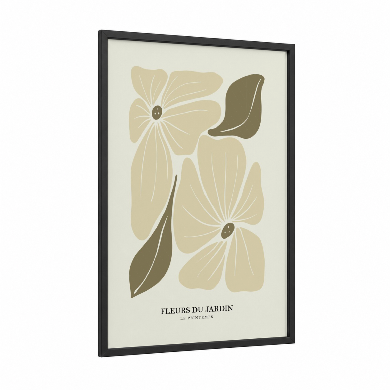 Minimalist Garden Blooms framed abstract flower print — black wood frame — cream and olive palette