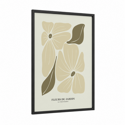 Minimalist Garden Blooms framed abstract flower print — black wood frame — cream and olive palette