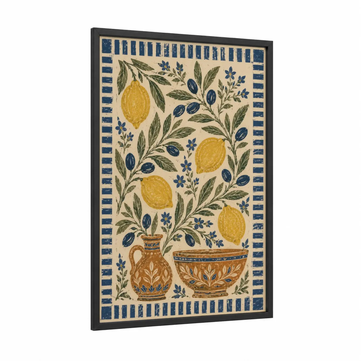 Mediterranean Lemon Olive Branch Kitchen Wall Art framed fruit print — black wood frame — yellow gold and blue palette