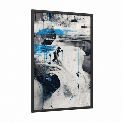 Blue Convergence framed abstract classic print — black wood frame — blue and black and white palette