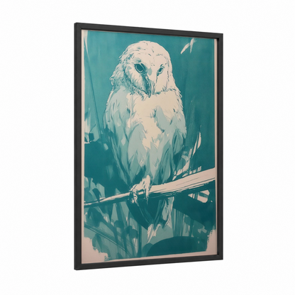 Snowy Owl Perch framed art print — black wood frame — teal and white palette
