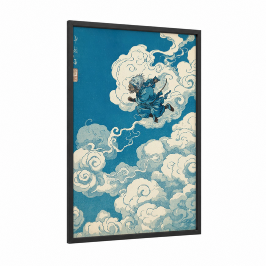 Floating Fairy framed art print — black wood frame — blue and cream palette