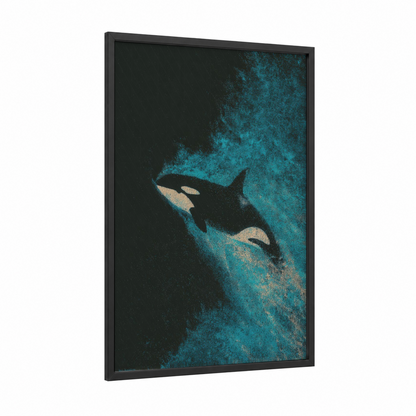 Arctic Orca framed orca whale print — black wood frame — teal and black and white palette
