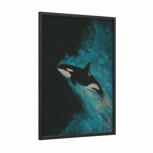 Arctic Orca framed orca whale print — black wood frame — teal and black and white palette