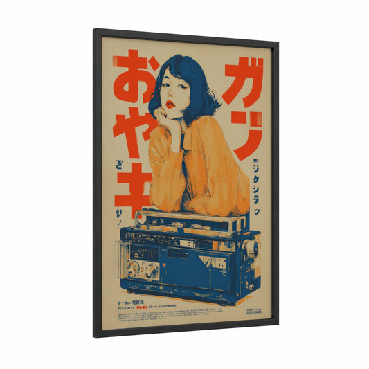 Retro Cassette Chic framed vintage japanese ads print — black wood frame — gold and dark blue palette