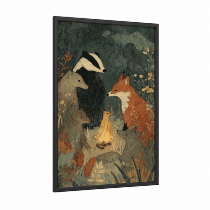 Forest Animals Gathering framed phoenix print — black wood frame — sage green and russet palette