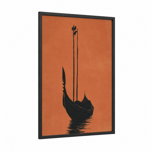 Venetian Gondola framed art print — black wood frame — orange and black palette