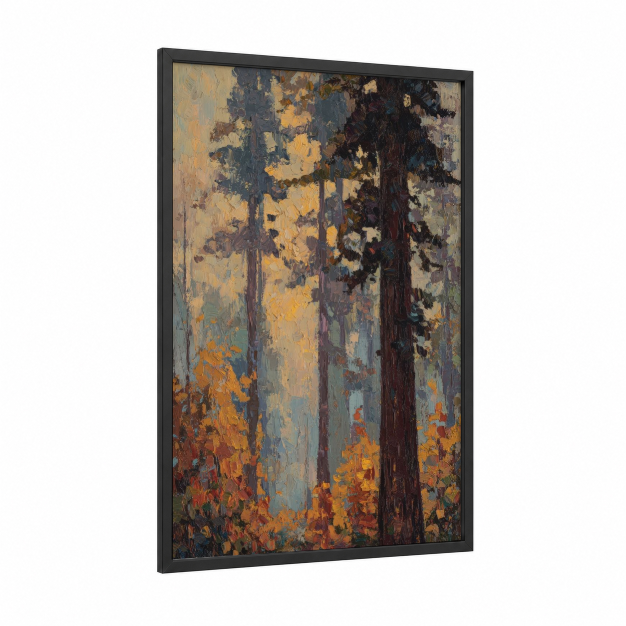 Autumn Redwoods framed redwood tree print — black wood frame — gold and orange palette