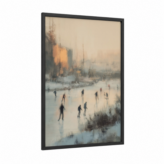 Frozen Gathering framed winter print — black wood frame — cream and dove gray palette