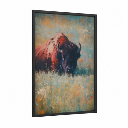 Majestic Bison framed art print — black wood frame — russet and blue palette