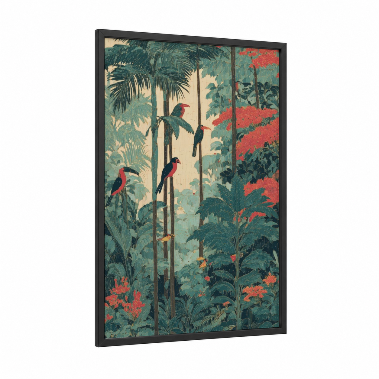 Tropical Canopy Birds framed palm forest print — black wood frame — dark green and red palette