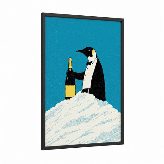 Penguin Celebration framed new years eve print — black wood frame — turquoise and gold palette