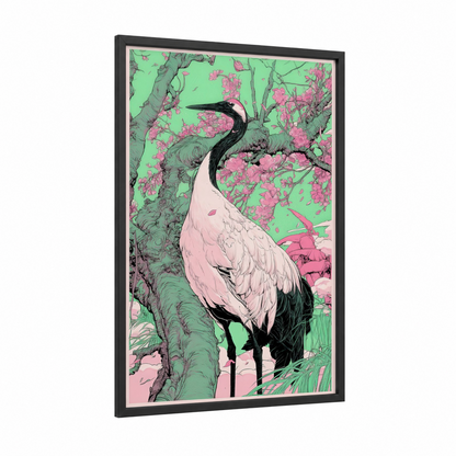 Cherry Blossom Crane framed art print — black wood frame — light green and salmon pink palette
