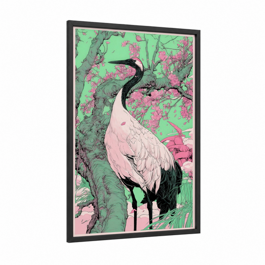 Cherry Blossom Crane framed art print — black wood frame — light green and salmon pink palette
