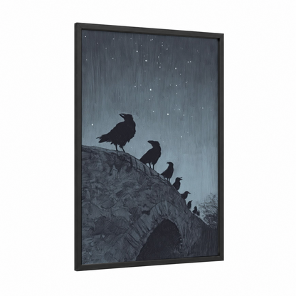 Starlit Ravens framed crows and ravens print — black wood frame — blue and gray and black and white palette