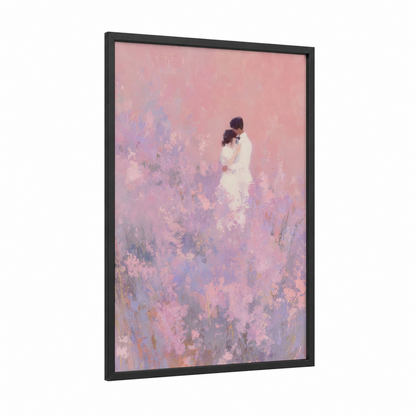 Lavender Garden Romance framed groom and bride print — black wood frame — pink and lavender palette