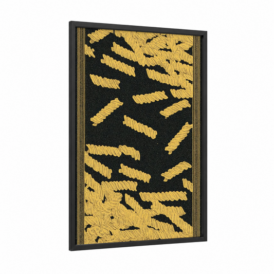 Golden Pasta Swirl framed art print — black wood frame — gold and black palette