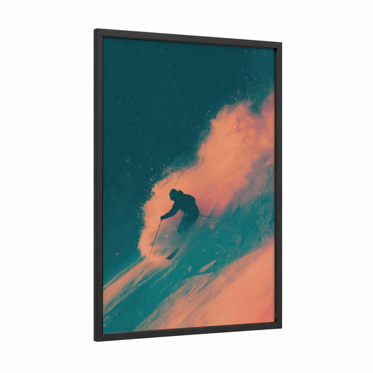 Alpine Powder Rush framed skiing print — black wood frame — teal and salmon pink palette