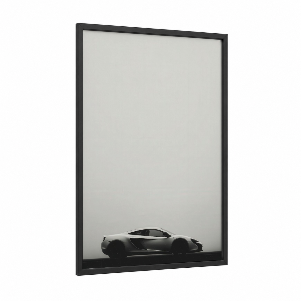 Sleek Monochrome Sports Car framed art print — black wood frame — black and white and gray palette