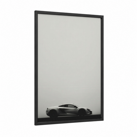 Sleek Monochrome Sports Car framed art print — black wood frame — black and white and gray palette