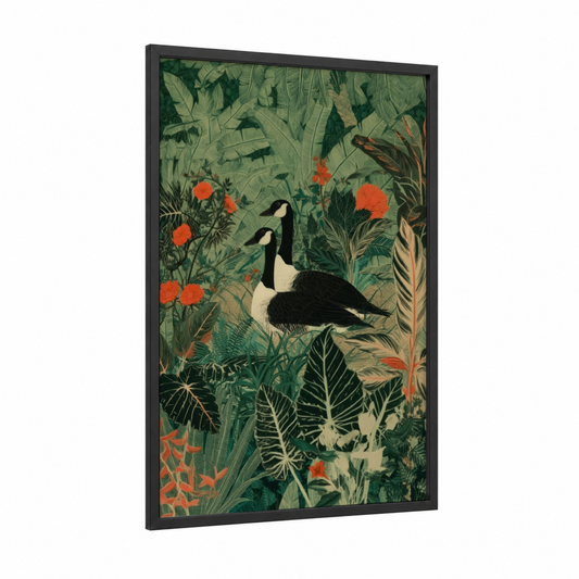 Garden Geese framed art print — black wood frame — green and orange palette