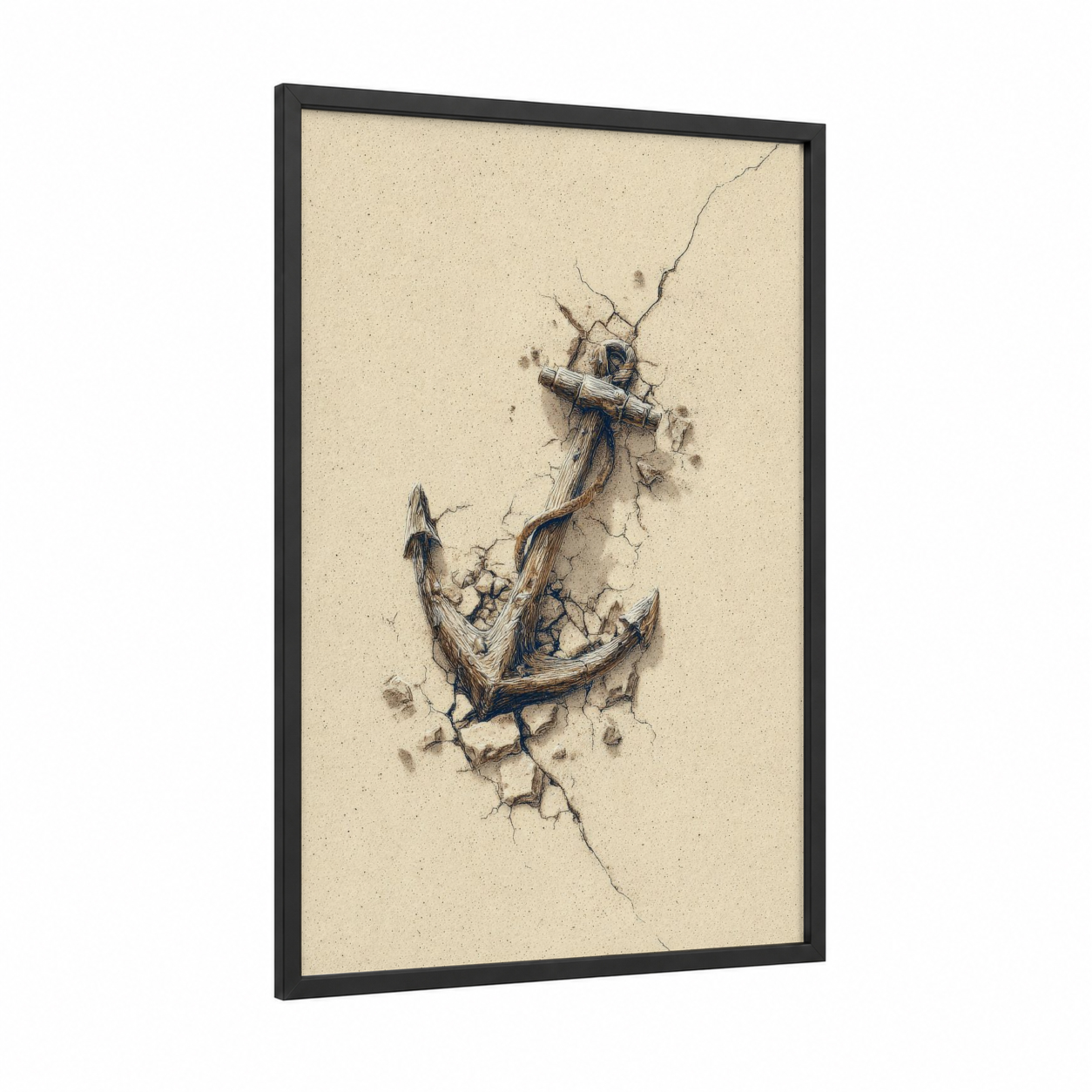 Weathered Anchor framed art print — black wood frame — cream and blue palette