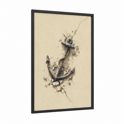 Weathered Anchor framed art print — black wood frame — cream and blue palette