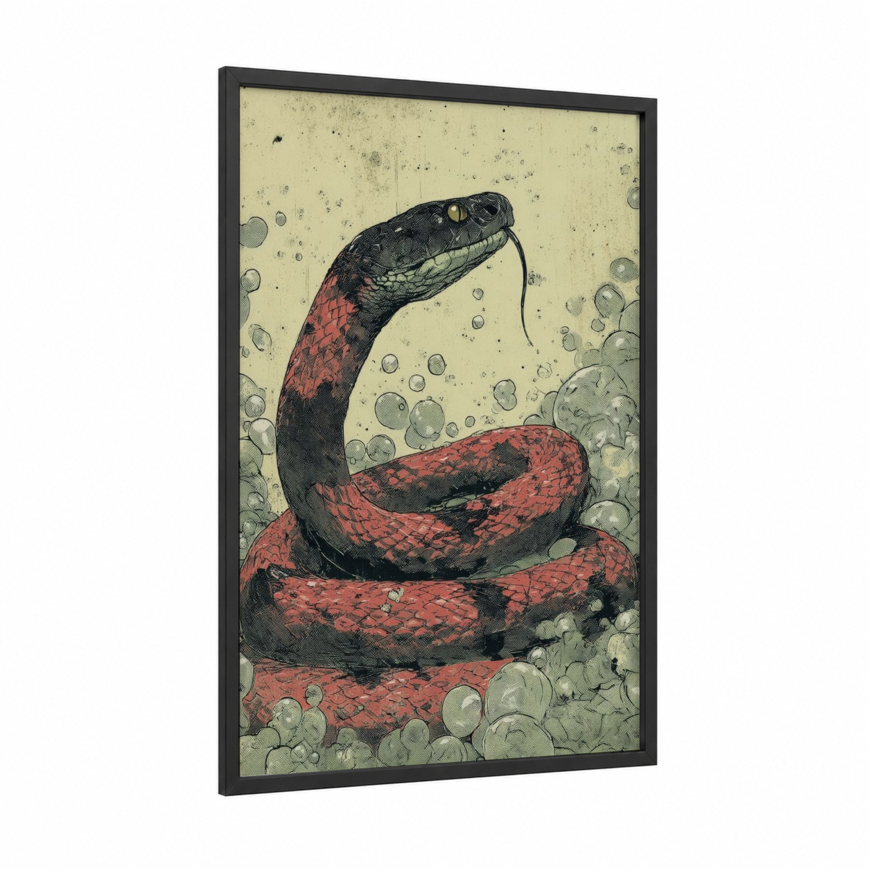 Coiled Rattlesnake framed art print — black wood frame — red and black palette