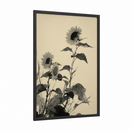 Vintage Sunflowers framed sunflower field print — black wood frame — black and white and cream palette