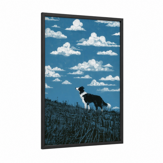 Meadow Shepherd framed shepherd dogs and collies print — black wood frame — blue and white palette