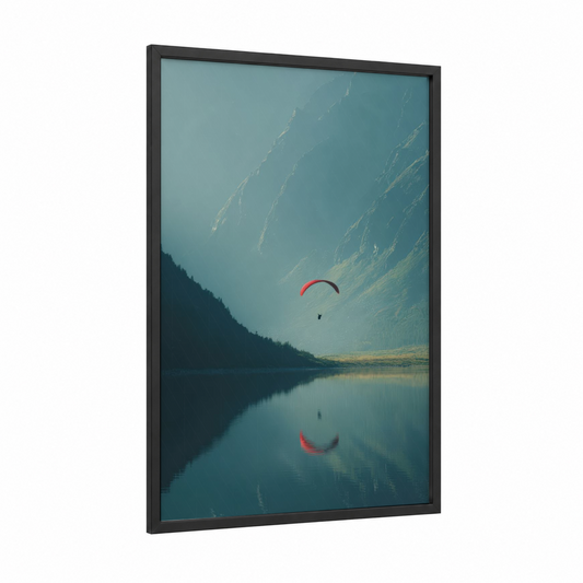 Alpine Paraglider framed paragliding print — black wood frame — teal and gold palette