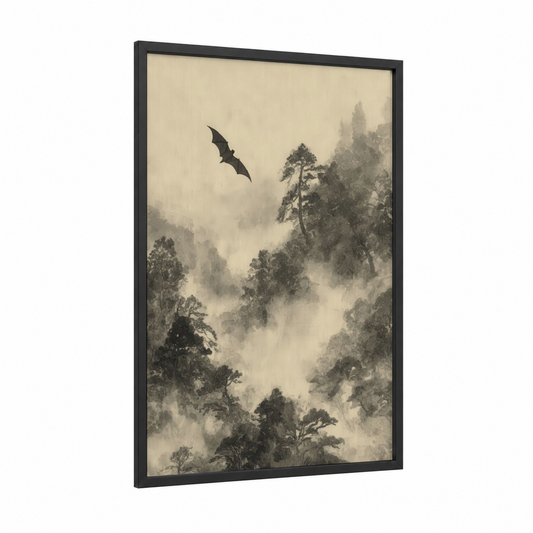 Misty Forest Bat framed art print — black wood frame — gray and black and white palette
