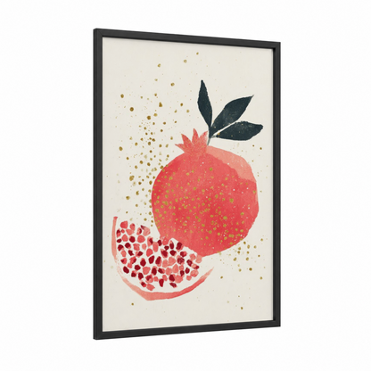 Pomegranate Sparkle framed fruit print — black wood frame — gold and salmon pink palette
