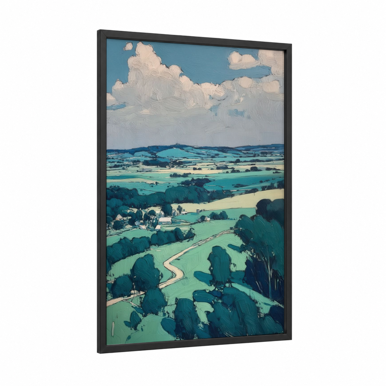 Rolling Countryside framed various landscapes print — black wood frame — teal and cream palette