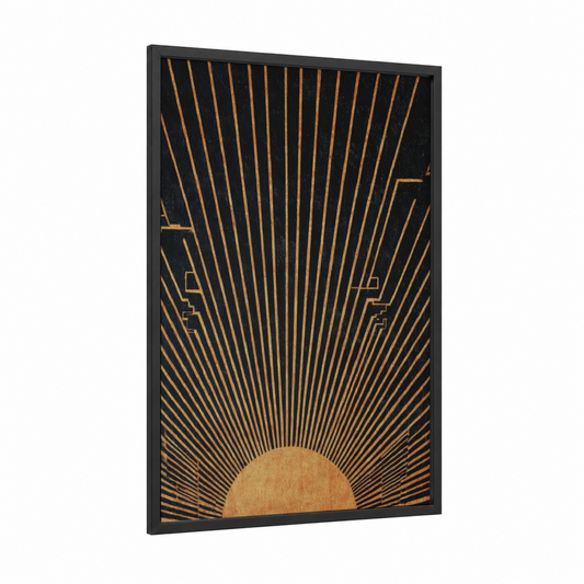 Golden Sunburst framed the sun print — black wood frame — gold and black palette