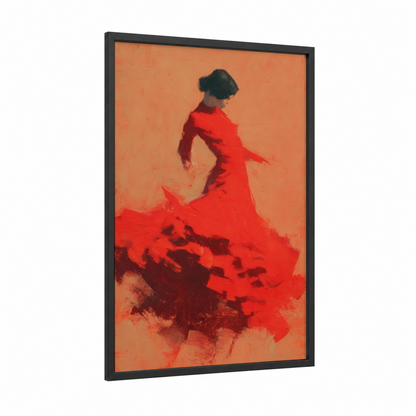Crimson Flamenco framed art print — black wood frame — red and orange palette