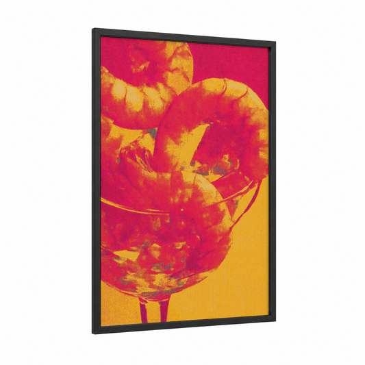 Vibrant Shrimp Pop framed seafood print — black wood frame — magenta and yellow gold palette