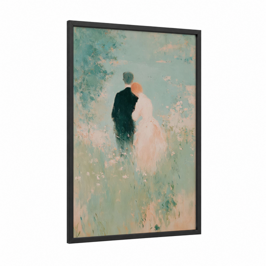 Romantic Garden Stroll framed couple print — black wood frame — teal and salmon pink palette