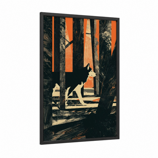 Forest Husky framed art print — black wood frame — orange and black palette