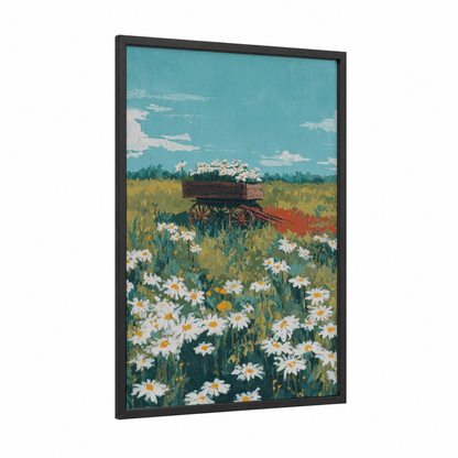 Daisy Wagon Field framed art print — black wood frame — turquoise and yellow gold palette
