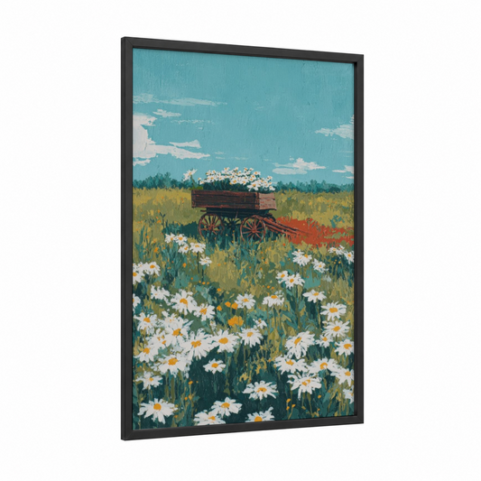 Daisy Wagon Field framed art print — black wood frame — turquoise and yellow gold palette