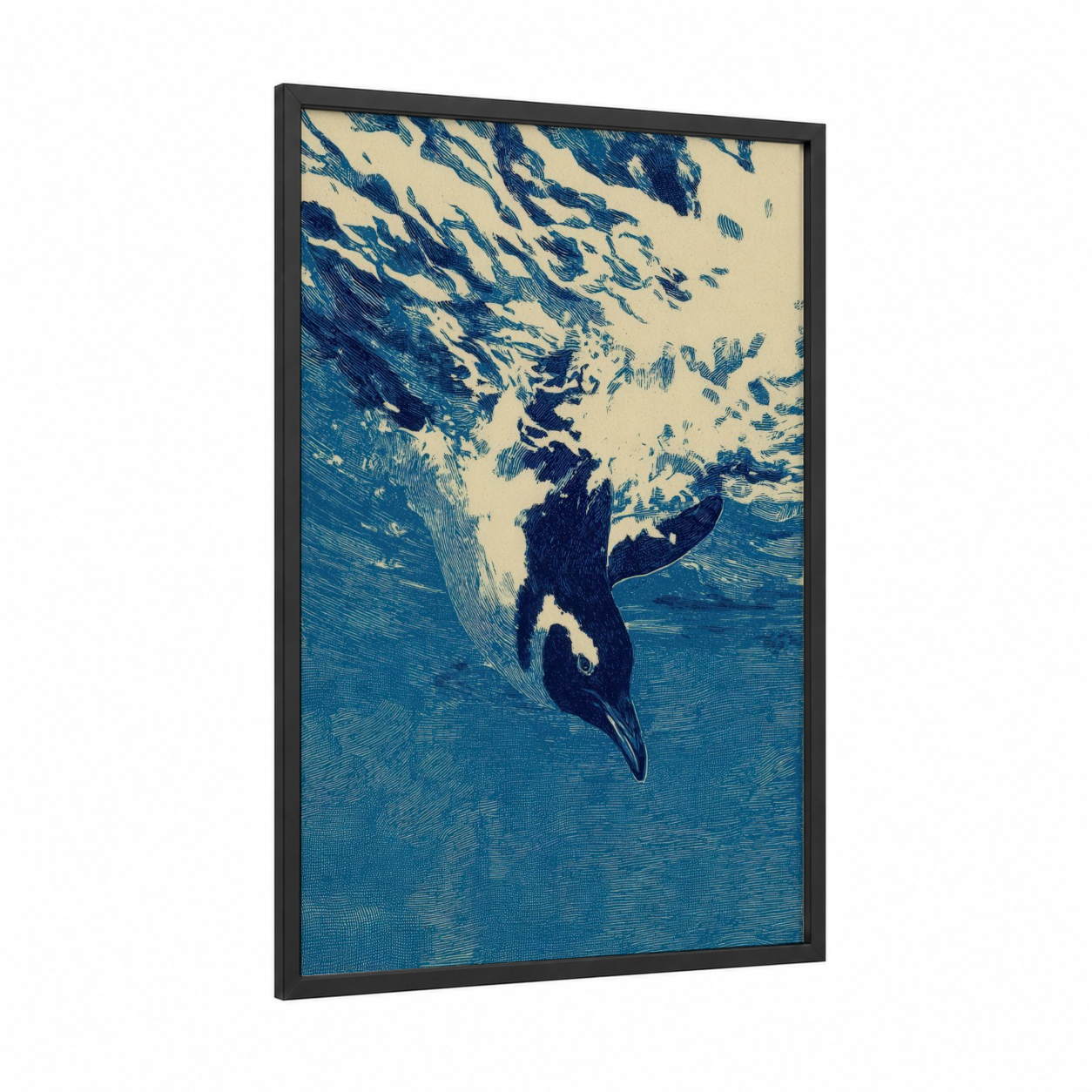 Diving Penguin framed art print — black wood frame — blue and cream palette
