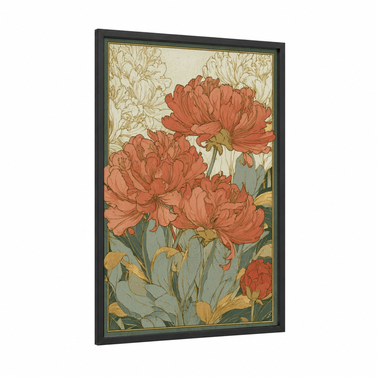 Coral Rhododendrons framed art print — black wood frame — cream and teal palette