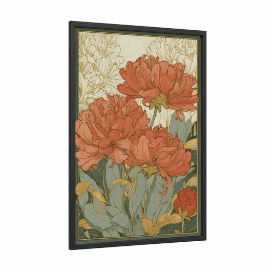 Coral Rhododendrons framed art print — black wood frame — cream and teal palette