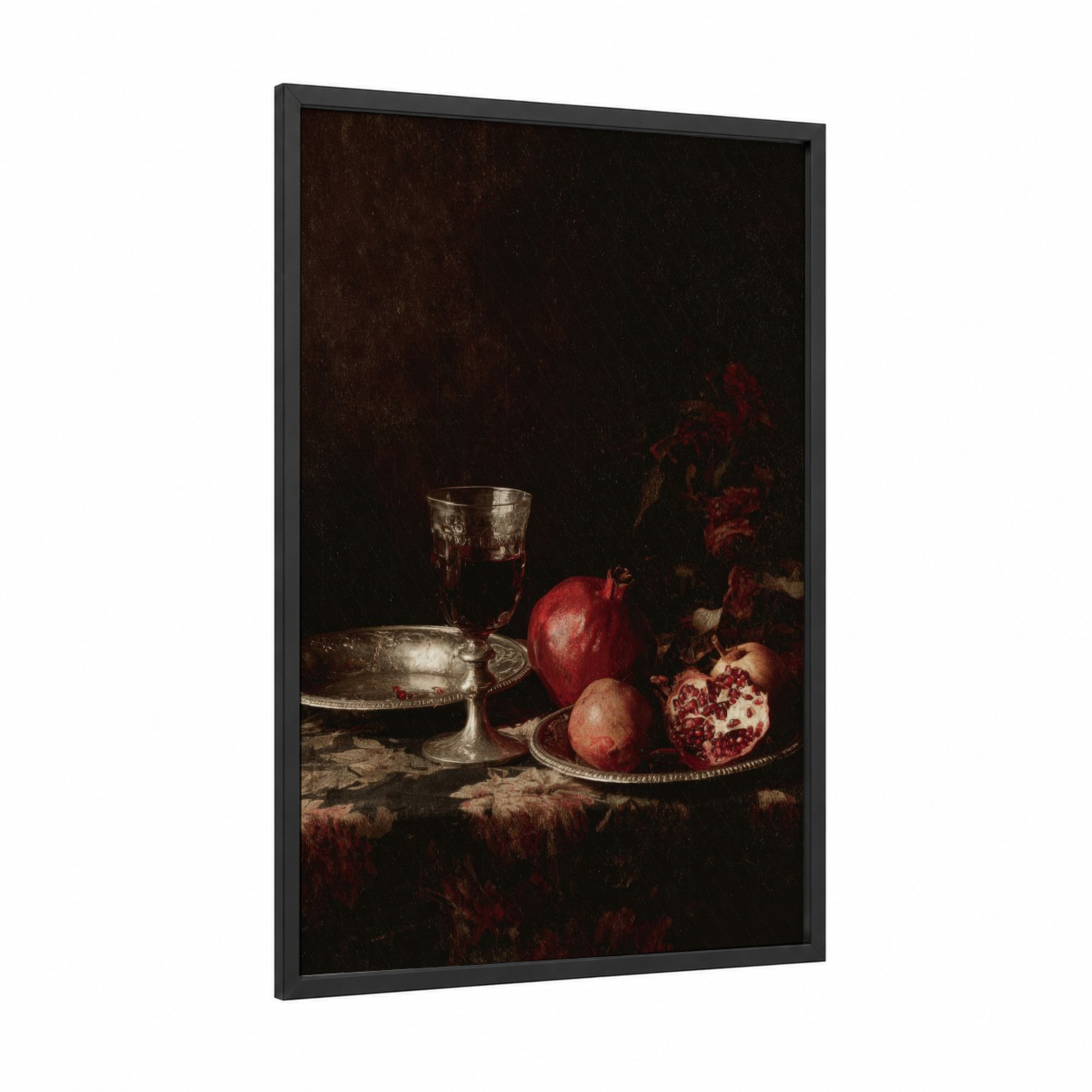 Crimson Elegance framed red wine print — black wood frame — maroon and black palette