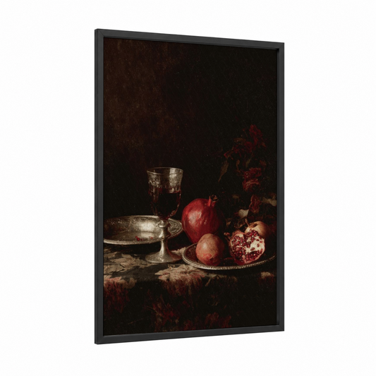 Crimson Elegance framed red wine print — black wood frame — maroon and black palette
