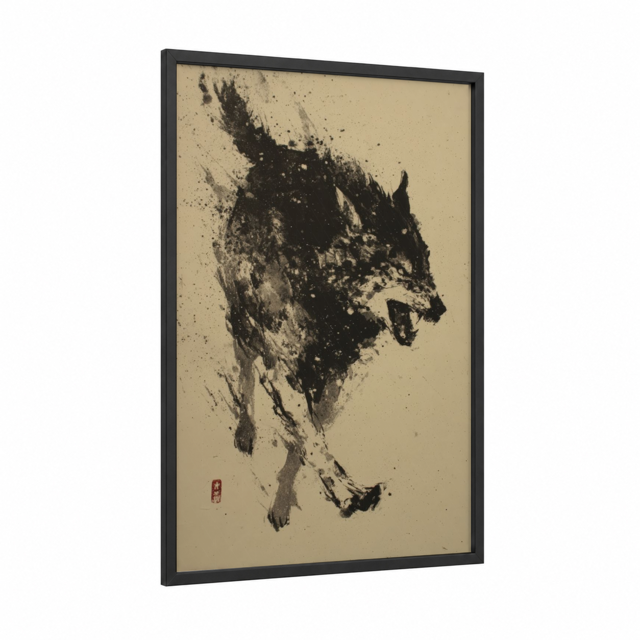 Charging Wolf framed art print — black wood frame — black and cream palette